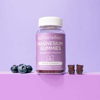 Haircarebear Magnesium Gummies - berry flavor pack with two gummies on one side and three berries on the other side.