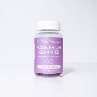Front view of Haircarebear Magnesium Gummies berry flavor pack on a white background.