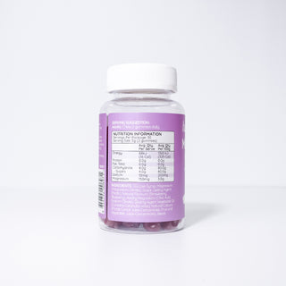 Haircarebear Magnesium Gummies pack, left-hand side label displays savings suggestions, nutritional info, and ingredients