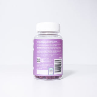 Haircarebear Magnesium Gummies pack: right-side label displays product info, warnings, QR code, brand address, and social media follow.