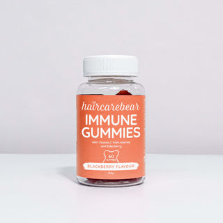 Front view of Haircarebear Immune Gummies blackberry flavour pack on a white background.