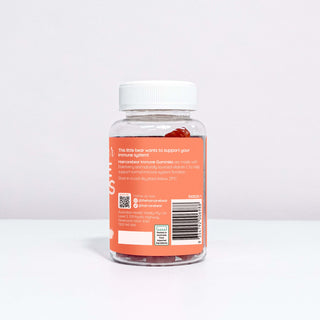Haircarebear Immune Gummies pack : label displays product info, warnings, QR code, brand address, and social media follow.