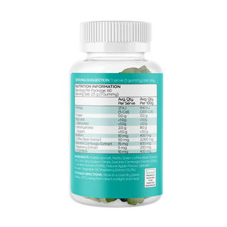 Garcinia Cambogia Gummies featuring a serving suggestion, detailed nutrition information, and a list of ingredients