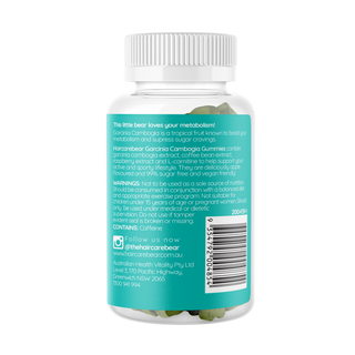 Garcinia Cambogia Gummies  showcasing product description, storage instructions, and barcode